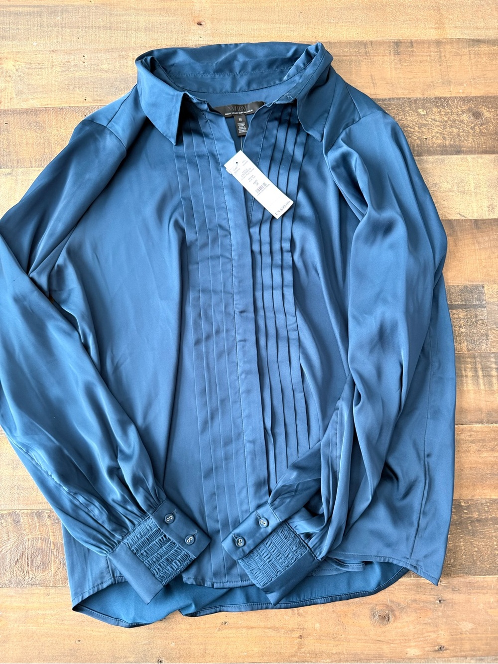 WhiteHouseBlackMarket dark teal Pintuck Long-Sleeve Blouse - Picture 7 of 8